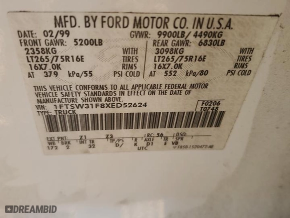 1999 Ford Super Duty F-350 SRW XL with VIN 1FTSW31F8XED52624, listed as a Copart auction lot 86359524 with NaN miles and Salvage Title. Bid and sale history available at carsss.com. Image 12.