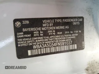 2015 BMW 3 Series 328i with VIN WBA3A5G54FNS91037, listed as a Copart auction lot 61854775 with 119,658 mi miles and Salvage title. Bid and sale history available at DreamBid. Image 12.