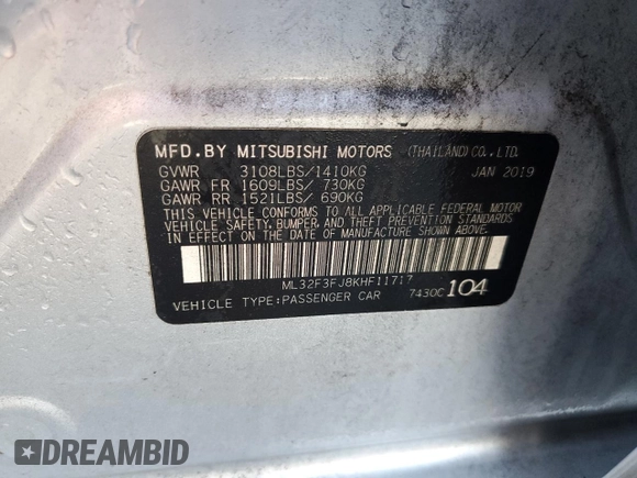 2019 Mitsubishi Mirage ES z VIN ML32F3FJ8KHF11717, wystawiony jako Copart lot #55985455 z przebiegiem 61 716 mil mil oraz Nie do naprawy. Historia ofert i sprzedaży dostępna na DreamBid. Obrazek 12.