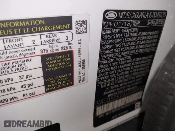 2018 Land Rover Range Rover HSE with VIN SALGS2SV9JA386550, listed as a IAAI auction lot 42189527 with 46,972 mi miles and . Bid and sale history available at DreamBid. Image 9.