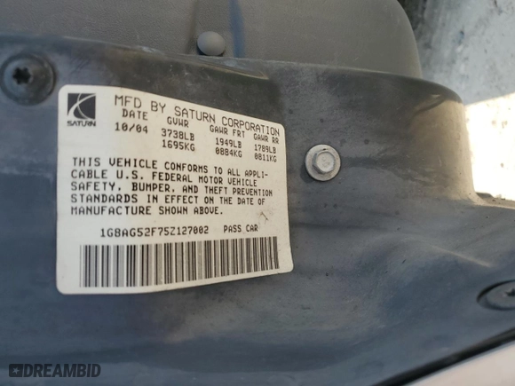 2005 Saturn ION with VIN 1G8AG52F75Z127002, listed as a Copart auction lot 66497514 with 122,405 mi miles and Salvage Title. Bid and sale history available at carsss.com. Image 13.