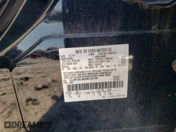 2019 Lincoln Nautilus Reserve z VIN 2LMPJ6L9XKBL30738, wystawiony jako Copart lot #51911915 z przebiegiem 125 644 mil mil oraz Szkoda całkowita • Salvage title. Historia ofert i sprzedaży dostępna na DreamBid. Obrazek 13.