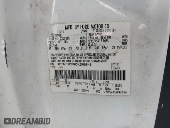2012 Ford F-150 XL with VIN 1FTNF1CF8CKD06849, listed as a Copart auction lot 55236505 with 237,324 mi miles and Salvage title. Bid and sale history available at DreamBid. Image 12.