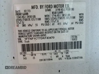 2013 Ford F-150 XL with VIN 1FTNF1CT7DKF43470, listed as a Copart auction lot 50752175 with 187,339 mi miles and Clean Title. Bid and sale history available at carsss.com. Image 12.