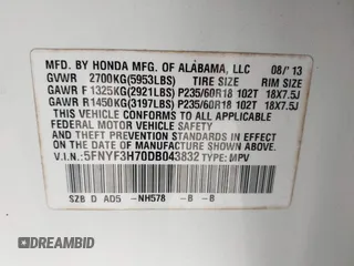 2013 Honda Pilot EX-L with VIN 5FNYF3H70DB043832, listed as a IAAI auction lot 40880885 with 250,712 mi miles and . Bid and sale history available at DreamBid. Image 9.