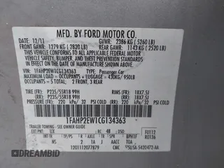 2012 Ford Taurus SEL z VIN 1FAHP2EW1CG134363, wystawiony jako IAAI lot #42180692 z przebiegiem 163 193 mil mil oraz . Historia ofert i sprzedaży dostępna na DreamBid. Obrazek 9.