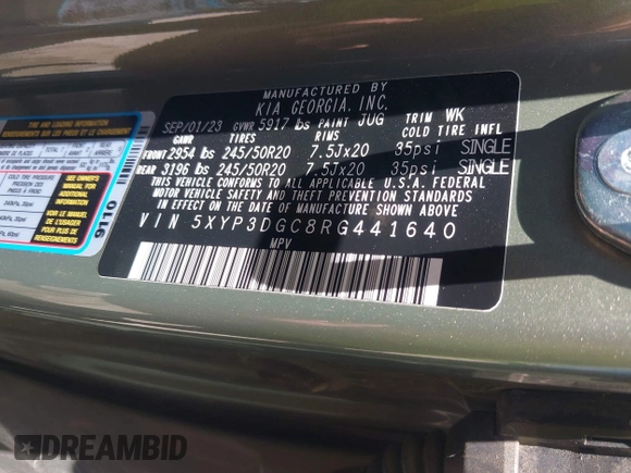 2024 Kia Telluride EX with VIN 5XYP3DGC8RG441640, listed as a IAAI auction lot 42308085 with Not provided miles and . Bid and sale history available at DreamBid. Image 9.