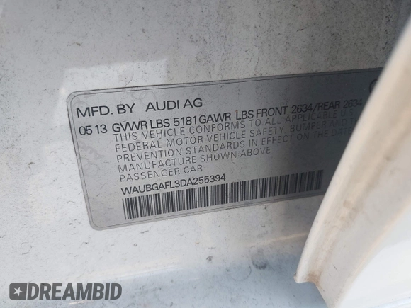 2013 Audi S4 Premium Plus with VIN WAUBGAFL3DA255394, listed as a IAAI auction lot 41965354 with 125,756 mi miles and . Bid and sale history available at DreamBid. Image 9.