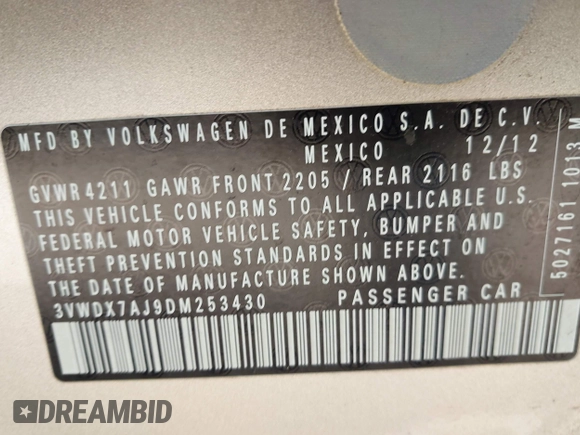 2013 Volkswagen Jetta SE with VIN 3VWDX7AJ9DM253430, listed as a IAAI auction lot 41997354 with 97,493 mi miles and . Bid and sale history available at DreamBid. Image 9.
