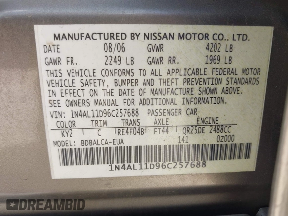2006 Nissan Altima S with VIN 1N4AL11D96C257688, listed as a IAAI auction lot 42125335 with 167,753 mi miles and . Bid and sale history available at DreamBid. Image 9.