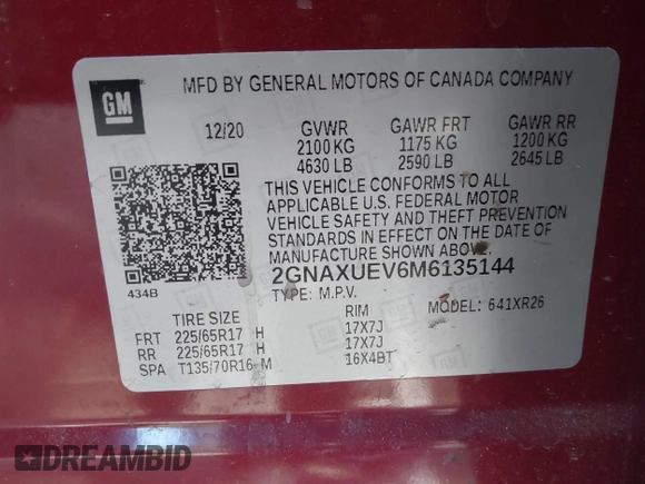 2021 Chevrolet Equinox LT with VIN 2GNAXUEV6M6135144, listed as a IAAI auction lot 42006489 with 83,716 mi miles and . Bid and sale history available at DreamBid. Image 9.