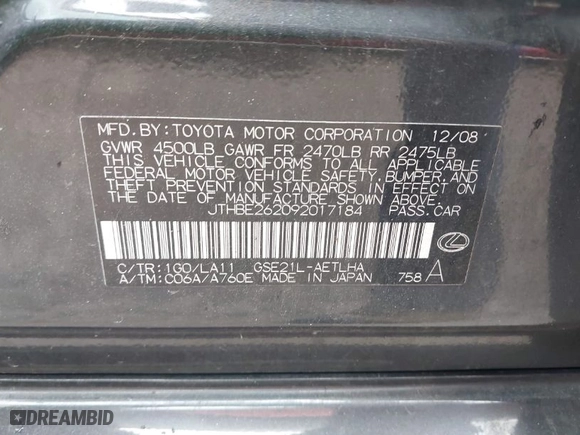 2009 Lexus IS 350 with VIN JTHBE262092017184, listed as a IAAI auction lot 41935277 with 203,920 mi miles. Bid and sale history available at carsss.com. Image 9.