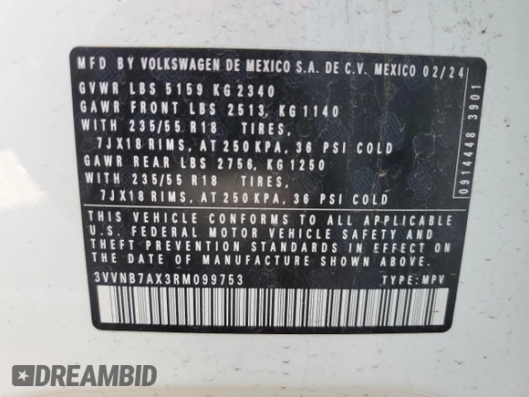 2024 Volkswagen Tiguan SE z VIN 3VVNB7AX3RM099753, wystawiony jako Copart lot #58601645 z przebiegiem 6 170 mil mil oraz Szkoda całkowita • Salvage title. Historia ofert i sprzedaży dostępna na DreamBid. Obrazek 14.