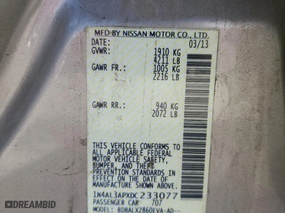 2013 Nissan Altima 2.5 SL with VIN 1N4AL3APXDC233077, listed as a Copart auction lot 44717535 with 134,714 mi miles and Salvage Title. Bid and sale history available at carsss.com. Image 13.