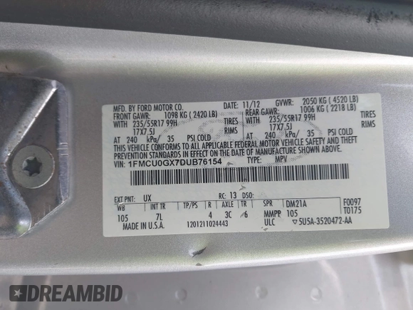 2013 Ford Escape SE with VIN 1FMCU0GX7DUB76154, listed as a IAAI auction lot 41926246 with 60,607 mi miles. Bid and sale history available at carsss.com. Image 9.