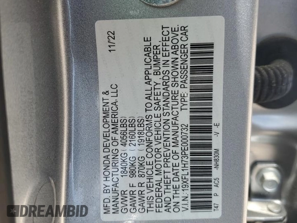 2023 Honda Civic EX-L z VIN 19XFL1H73PE000732, wystawiony jako Copart lot #53978645 z przebiegiem 18 732 mil mil oraz Szkoda całkowita • Salvage title. Historia ofert i sprzedaży dostępna na DreamBid. Obrazek 12.