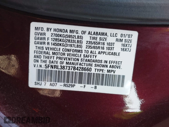 2007 Honda Odyssey EX-L z VIN 5FNRL38737B428660, wystawiony jako IAAI lot #42087846 z przebiegiem 176 479 mil mil oraz . Historia ofert i sprzedaży dostępna na DreamBid. Obrazek 9.