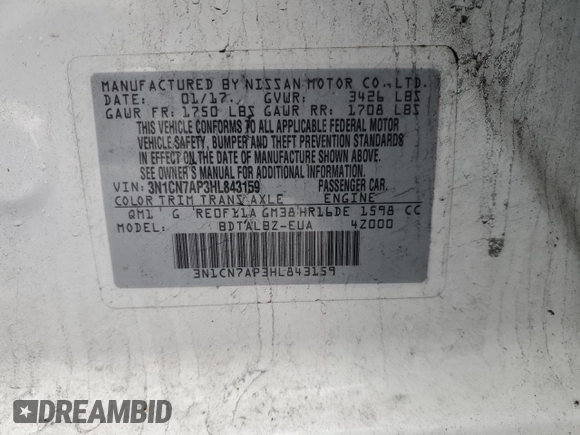 2017 Nissan Versa S z VIN 3N1CN7AP3HL843159, wystawiony jako Copart lot #51965435 z przebiegiem 158 750 mil mil oraz Szkoda całkowita • Salvage title. Historia ofert i sprzedaży dostępna na DreamBid. Obrazek 12.