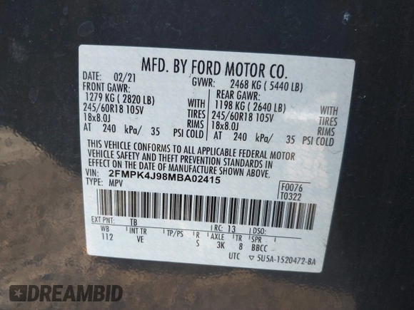 2021 Ford Edge SEL with VIN 2FMPK4J98MBA02415, listed as a IAAI auction lot 41178271 with 75,857 mi miles. Bid and sale history available at carsss.com. Image 9.