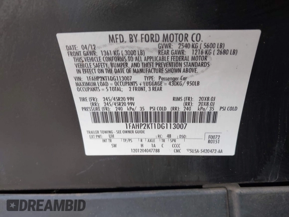 2013 Ford Taurus SHO with VIN 1FAHP2KT1DG113007, listed as a IAAI auction lot 41914541 with 50,630 mi miles and . Bid and sale history available at DreamBid. Image 9.