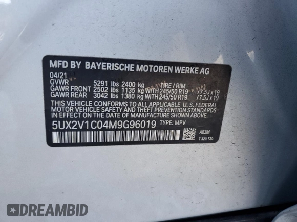 2021 BMW X4 xDrive30i with VIN 5UX2V1C04M9G96019, listed as a Copart auction lot 87287934 with Not provided miles and Salvage title. Bid and sale history available at DreamBid. Image 12.