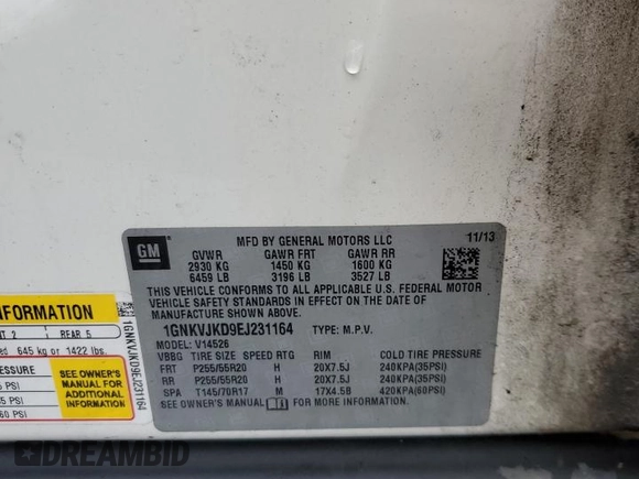 2014 Chevrolet Traverse LTZ z VIN 1GNKVJKD9EJ231164, wystawiony jako Copart lot #52876665 z przebiegiem Nie podano mil oraz Szkoda całkowita • Salvage title. Historia ofert i sprzedaży dostępna na DreamBid. Obrazek 13.