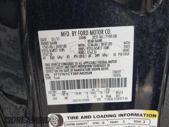 2011 Ford F-150 XLT with VIN 1FTFW1CT3BFA62528, listed as a IAAI auction lot 41920965 with 128,799 mi miles and . Bid and sale history available at DreamBid. Image 9.