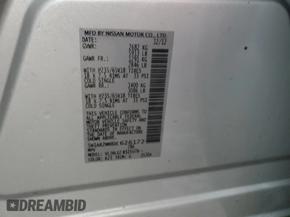 2013 Nissan Pathfinder Platinum with VIN 5N1AR2MM8DC626172, listed as a Copart auction lot 86076674 with 94,168 mi miles and Salvage Title. Bid and sale history available at carsss.com. Image 15.