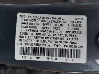 2012 Honda Civic LX with VIN 2HGFB2F58CH593658, listed as a IAAI auction lot 41965400 with 172,340 mi miles and . Bid and sale history available at DreamBid. Image 9.