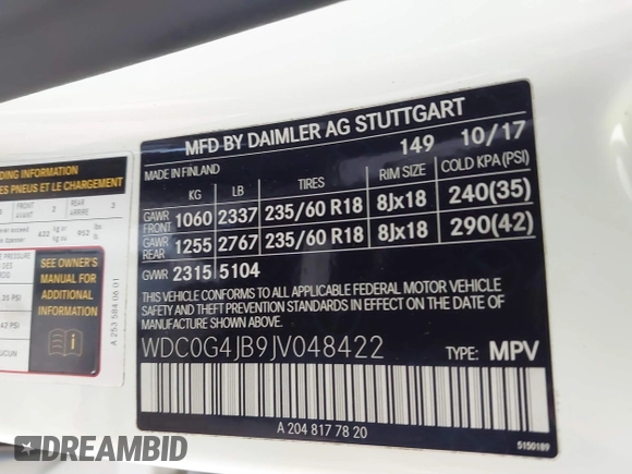 2018 Mercedes-Benz GLC 300 with VIN WDC0G4JB9JV048422, listed as a IAAI auction lot 41772883 with 143,331 mi miles and . Bid and sale history available at DreamBid. Image 9.