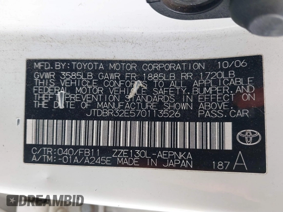 2007 Toyota Corolla CE with VIN JTDBR32E570113526, listed as a IAAI auction lot 41543348 with 231,847 mi miles and . Bid and sale history available at DreamBid. Image 9.