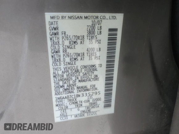 2008 Nissan Titan XE z VIN 1N6AA07C18N335295, wystawiony jako Copart lot #43854915 z przebiegiem 121 295 mil mil oraz Szkoda całkowita • Salvage title. Historia ofert i sprzedaży dostępna na DreamBid. Obrazek 14.
