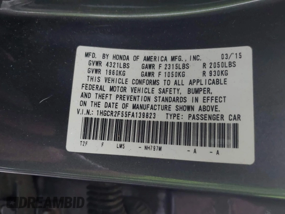 2015 Honda Accord Sport with VIN 1HGCR2F55FA139823, listed as a IAAI auction lot 41623823 with 169,093 mi miles and . Bid and sale history available at DreamBid. Image 9.