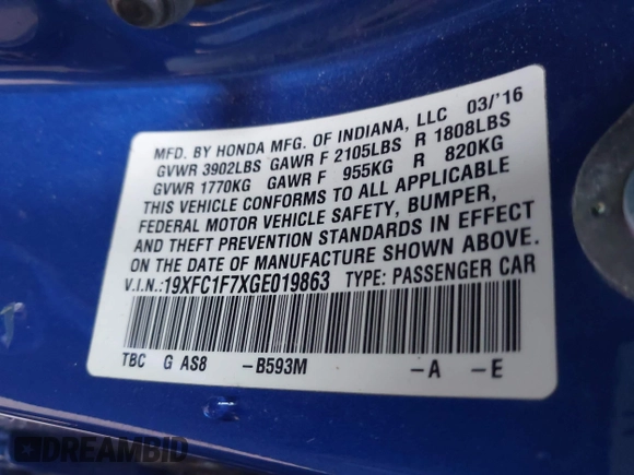 2016 Honda Civic EX-L with VIN 19XFC1F7XGE019863, listed as a IAAI auction lot 42361161 with 118,907 mi miles and . Bid and sale history available at DreamBid. Image 9.