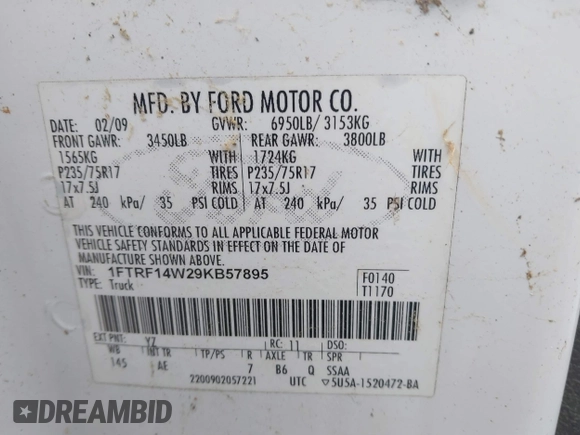 2009 Ford F-150 XL z VIN 1FTRF14W29KB57895, wystawiony jako IAAI lot #41901281 z przebiegiem 233 792 mil mil oraz . Historia ofert i sprzedaży dostępna na DreamBid. Obrazek 9.