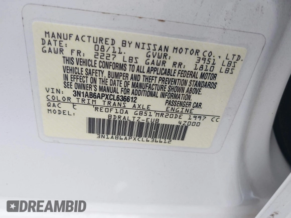 2012 Nissan Sentra S z VIN 3N1AB6APXCL636612, wystawiony jako IAAI lot #42610932 z przebiegiem 150 605 mil mil oraz . Historia ofert i sprzedaży dostępna na DreamBid. Obrazek 9.