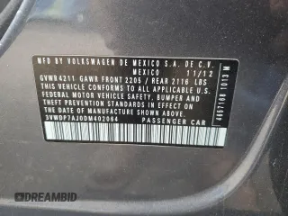 2013 Volkswagen Jetta SE with VIN 3VWDP7AJ0DM402064, listed as a Copart auction lot 55100605 with 177,818 mi miles and Non repairable. Bid and sale history available at DreamBid. Image 12.