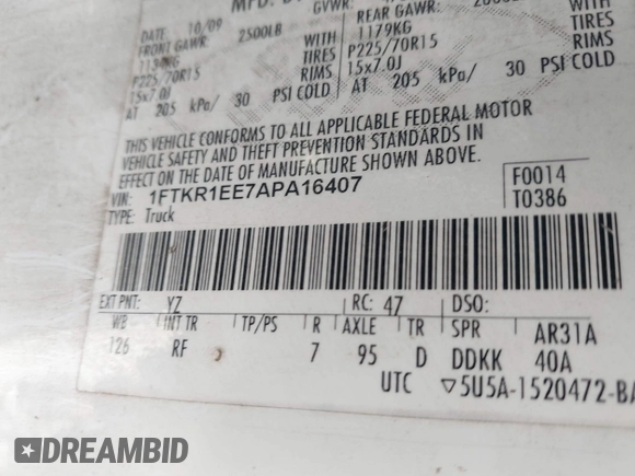 2010 Ford Ranger XL с VIN 1FTKR1EE7APA16407, выставлен на аукционе IAAI как лот 41019733 с пробегом 172 609 миль миль и . История ставок и продаж доступна на DreamBid. Изображение 9.