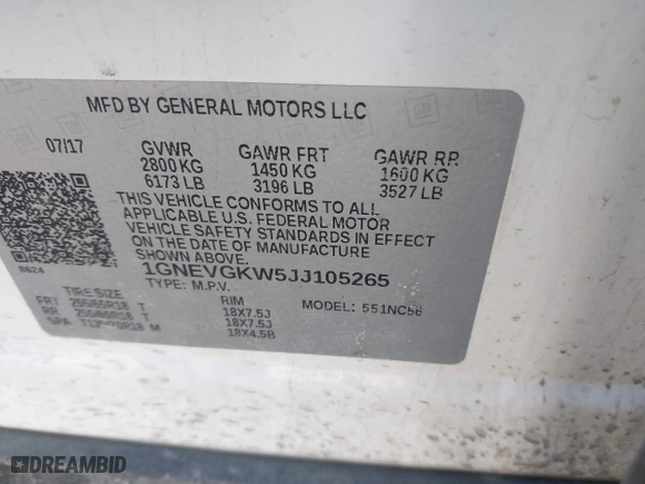 2018 Chevrolet Traverse LT Cloth with VIN 1GNEVGKW5JJ105265, listed as a IAAI auction lot 41784147 with 144,634 mi miles. Bid and sale history available at carsss.com. Image 9.