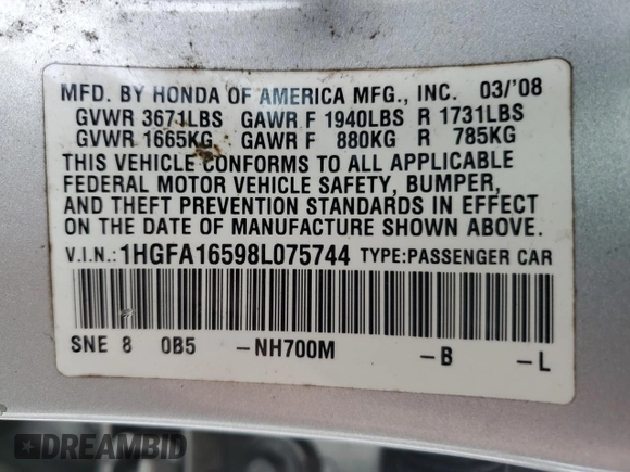 2008 Honda Civic LX with VIN 1HGFA16598L075744, listed as a Copart auction lot 54559954 with 163,383 mi miles and Salvage Title. Bid and sale history available at DreamBid. Image 14.
