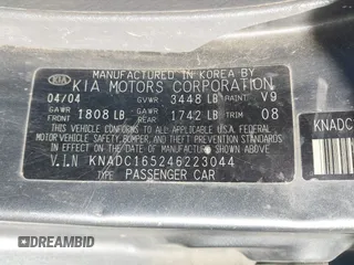 2004 Kia Rio with VIN KNADC165246223044, listed as a IAAI auction lot 41820748 with 119,857 mi miles. Bid and sale history available at carsss.com. Image 9.