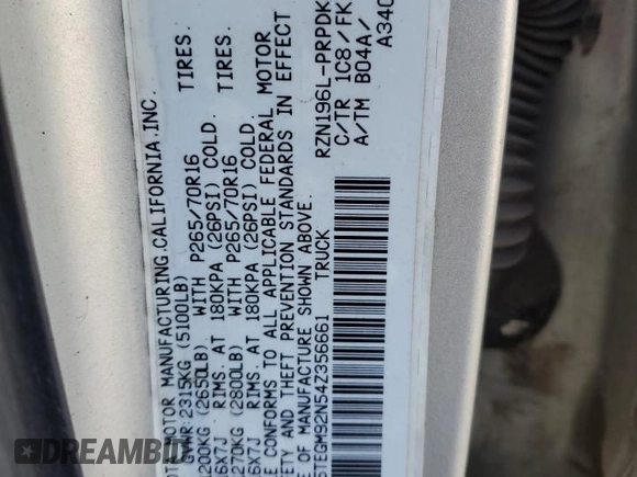 2004 Toyota Tacoma PreRunner with VIN 5TEGM92N54Z356661, listed as a Copart auction lot 41565815 with 145,368 mi miles and Salvage title. Bid and sale history available at DreamBid. Image 14.