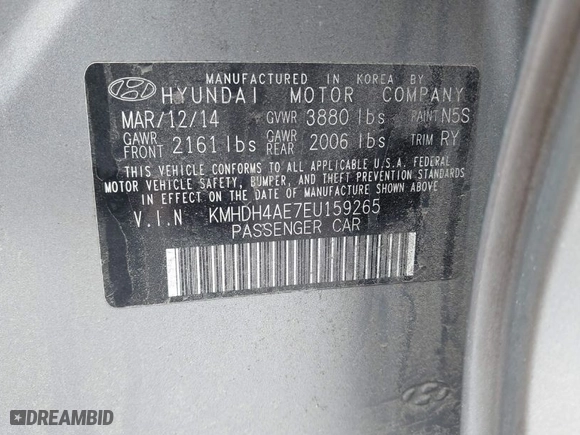 2014 Hyundai Elantra SE with VIN KMHDH4AE7EU159265, listed as a IAAI auction lot 42026041 with 196,616 mi miles. Bid and sale history available at carsss.com. Image 9.