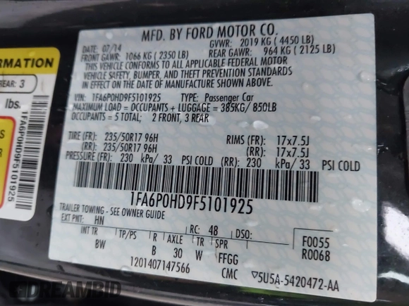 2015 Ford Fusion SE z VIN 1FA6P0HD9F5101925, wystawiony jako IAAI lot #42314400 z przebiegiem 159 548 mil mil oraz . Historia ofert i sprzedaży dostępna na DreamBid. Obrazek 9.
