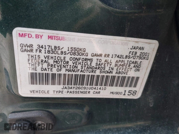 2001 Mitsubishi Mirage ES z VIN JA3AY26C91U041410, wystawiony jako IAAI lot #41360183 z przebiegiem 322 178 mil mil oraz . Historia ofert i sprzedaży dostępna na DreamBid. Obrazek 9.