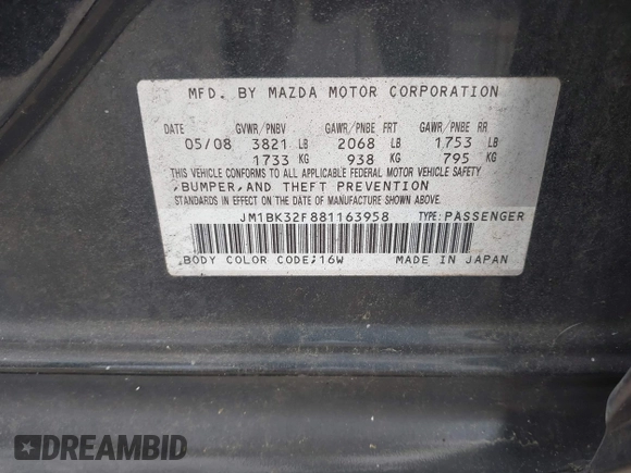 2008 Mazda 3 i Sport with VIN JM1BK32F881163958, listed as a IAAI auction lot 42088111 with 160,585 mi miles and . Bid and sale history available at DreamBid. Image 9.
