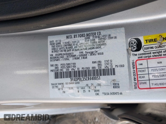 2012 Ford Fusion Hybrid with VIN 3FADP0L35CR440051, listed as a IAAI auction lot 42644284 with 89,087 mi miles and . Bid and sale history available at DreamBid. Image 9.