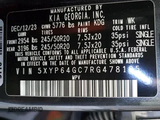 2024 Kia Telluride S с VIN 5XYP64GC7RG478105, выставлен на аукционе Copart как лот 53883025 с пробегом 14 920 миль миль и Списание • Salvage title. История ставок и продаж доступна на DreamBid. Изображение 13.