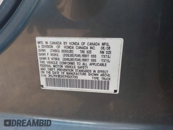 2007 Honda Ridgeline RT with VIN 2HJYK16247H501700, listed as a IAAI auction lot 42482441 with Not provided miles and . Bid and sale history available at DreamBid. Image 9.