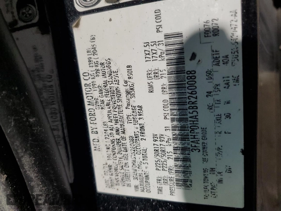2011 Ford Fusion SE with VIN 3FAHP0HA5BR260088, listed as a Copart auction lot 45274845 with 191,263 mi miles and Salvage Title. Bid and sale history available at carsss.com. Image 12.